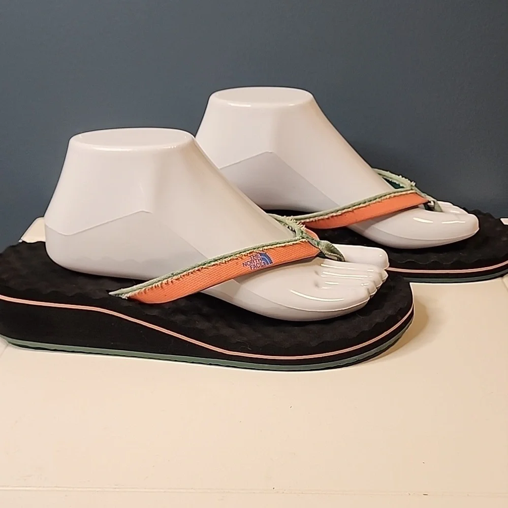 The North Face Orange Teal Black Sandals Elevated Heel Thong Flip Flop Womens